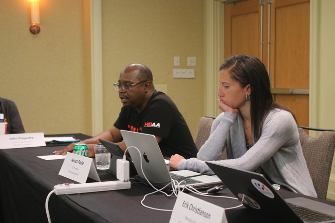 Rodgers addresses the CSC Executive Board of Directors at the 2023 Convention in Orlando as then-President Jessica Poole looks on.
